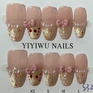 [S] 🎀 10Pcs Wearable Press on Nails Kitty Pink Bow Ribbon White Pearls Gold Tips